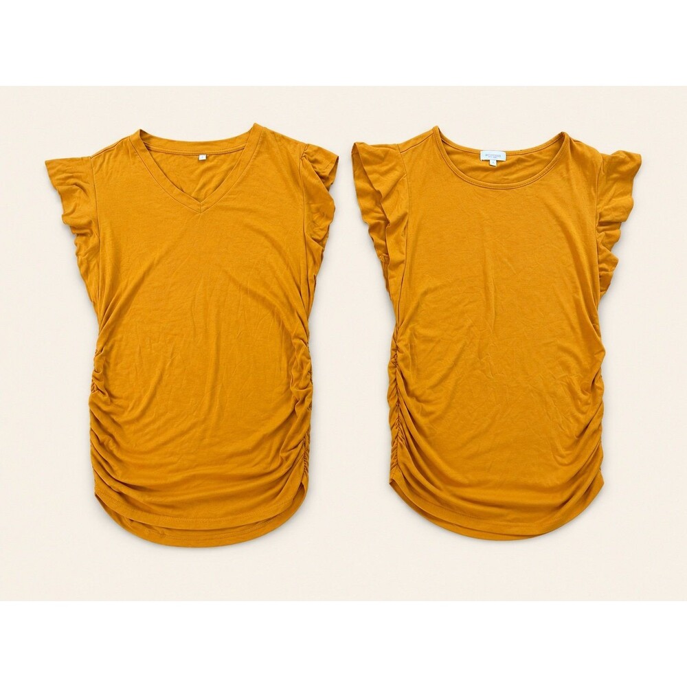 Lot of 2 Maternity Tops Size Small Mustard Yellow Ruched Side Flutter Sleeve